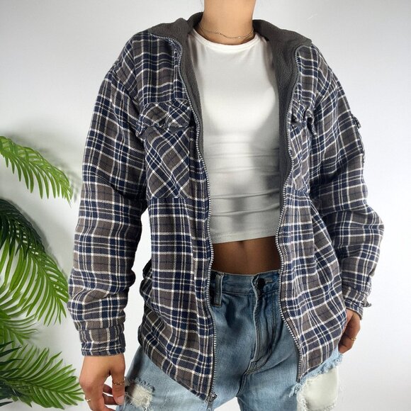 Vintage 90s Grunge Indie Granola Girl Gorpcore Casual Flannel Zip Up Shacket / L - Picture 8 of 8